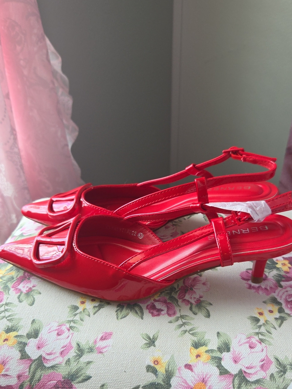 Red Patent Slingback Pointed-Toe Heels with Decorative Buckle - Picture 12 of 14